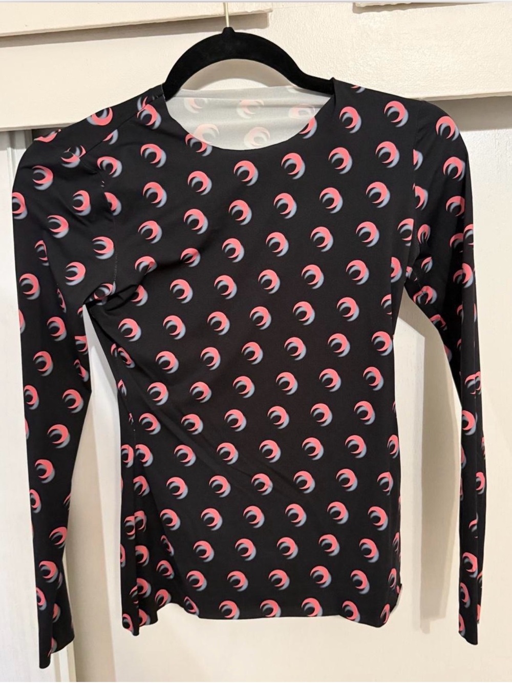 Marine Serre Black Long-Sleeve Moon-Print Crewneck Top with Pink Accents